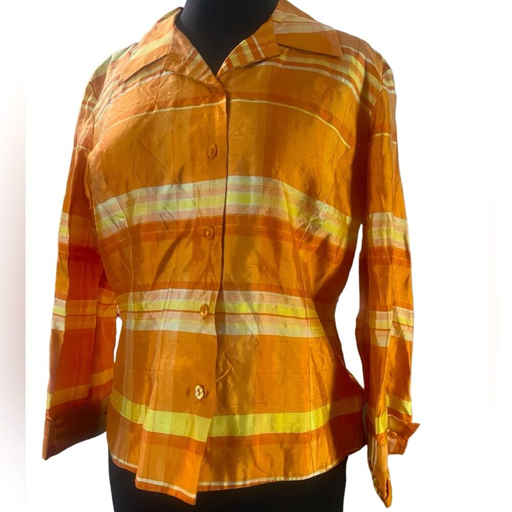 Vtg 90s Silk Orange Plaid Stripe Boxy Button Front Retro Preppy Colorful Blouse